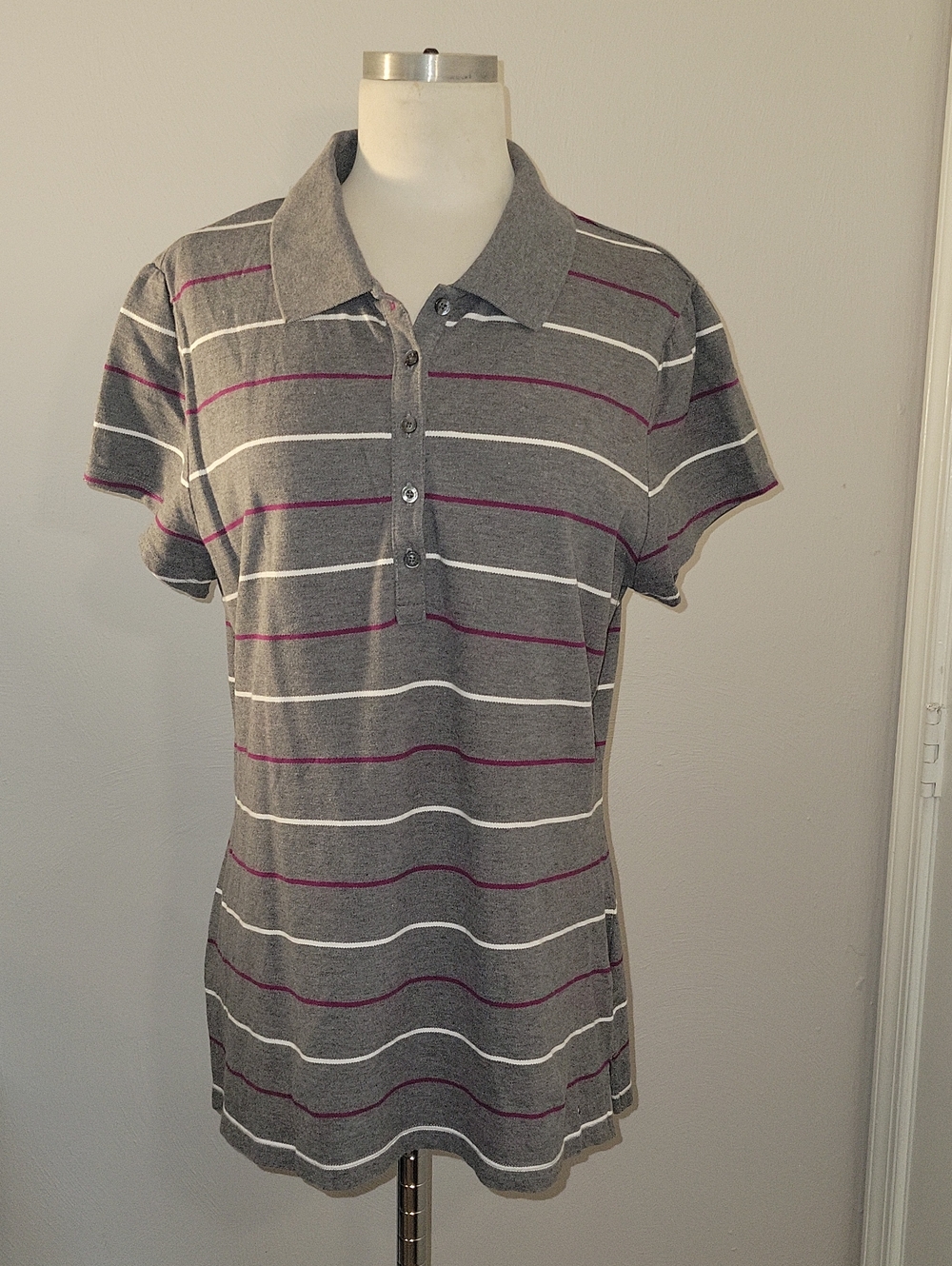 Tommy Hilfiger Gray Polo Top with White and Pink Stripes